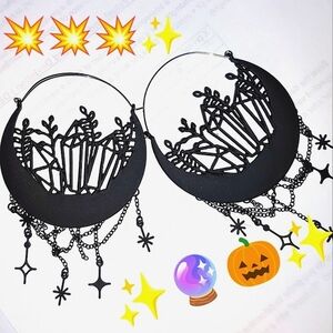 Black crescent moon 🌙 Crystal outgrowth ✨ Hanging Tunnel Earrings 🔮